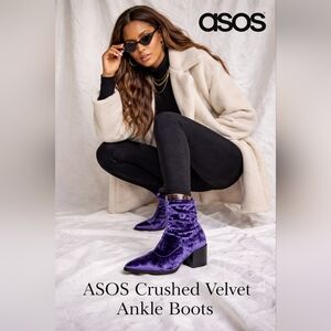 ASOS Crushed Velvet Ankle Boots Pointed Toe Block Heel Booties Size 6